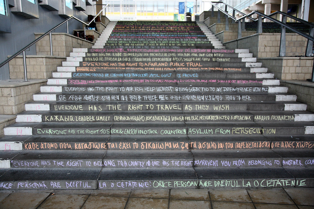 Stairs with articles from the UDHR in various languages